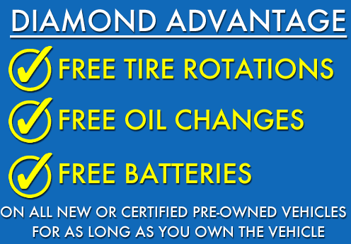 Free Tire Rotations, Free Oil Changes, Free Batteries on any New or Certified pre-owned vehicle.