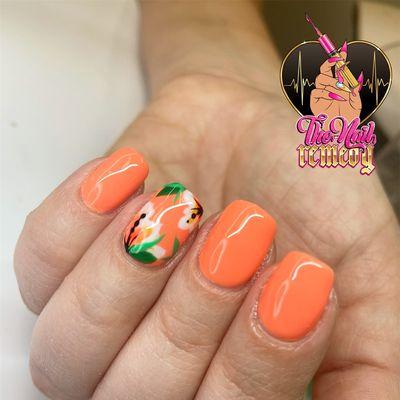 Aloha! She's ready for vacation! Natural nails - gel manicure.  Add hard gel top coat for a durable hold.