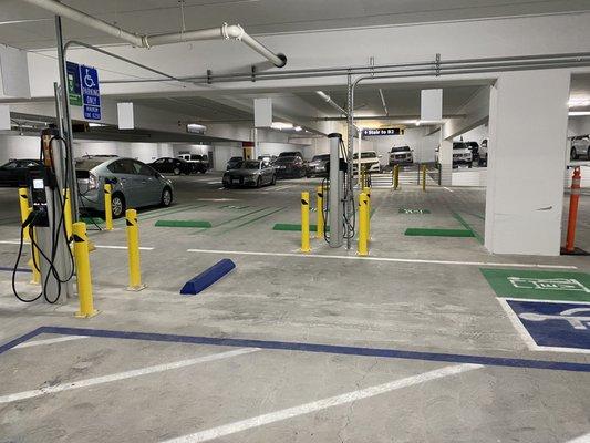 EV ChargePoint charging stations (SAE J1772) at basement level of the parking structure.