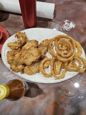 Oysters, fish, and onion rings