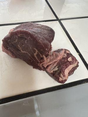 Filet mignon "steaks" at &19.99:pound, I expected a solid piece of meat( not pieces strung together. I needed a "piece" of steak'