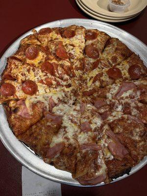 1/2 Pepperoni and 1/2 Canadian Bacon