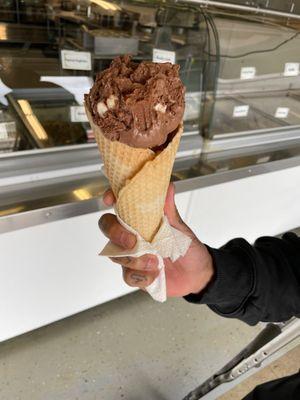 Rocky road in a waffle cone