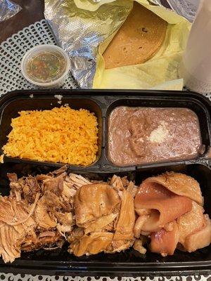 Carnitas combo. Mixed, includes carnitas, buche, and cueritos