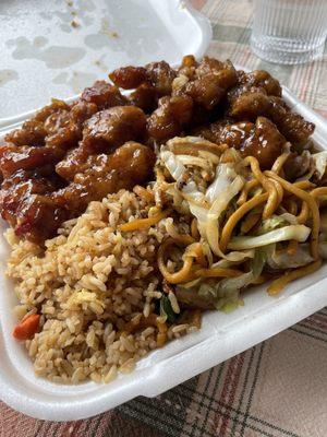 Fried rice, chow mein, general tso's, and orange chicken combination plate ($10.99)