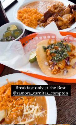 Carnitas plate and taco de chicharon