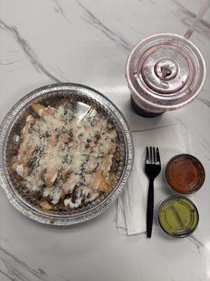 asada fries, gamaica, red and green sauce on the side