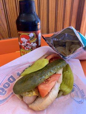 Chicago dog, root beer, chips--a perfect  summer snack.