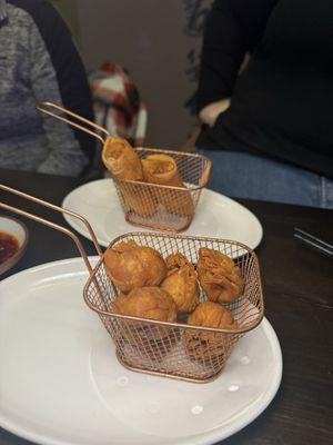 Fried wontons and fried veggie spring rolls