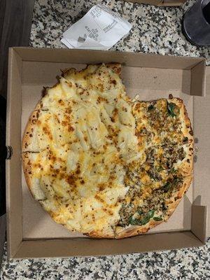 Ordered a half and half pizza. More like 3/4 and 1/4. Terrible. Happens every time.