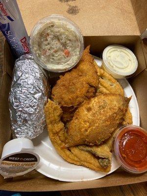 Baby Flounder & Deviled Crab with coleslaw, hush puppies & baked potato as my side.