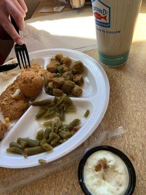 3 piece catfish meal w/ okra and green beans.