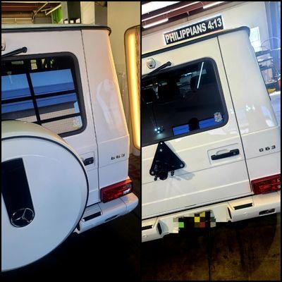 Mercedes G Wagon with large dent on the pillar repaired.