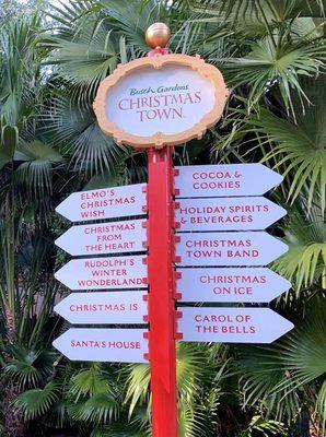 Directional sign, Christmas Town Holiday Festival 2020, November 21 to January 3, Busch Gardens Theme Park, Tampa