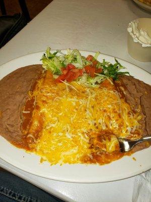 Cheese enchilada plate. No rice, extra beans.