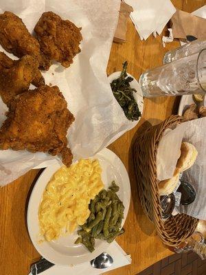 Chicken Fried Chicken, Macaroni n' Cheese, Green Beans, Turnip Greens