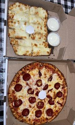 Halal pepperoni pizza and cheese bread