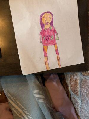 Picture my daughter drew on the back of the paper kid's menu with the furnished crayola crayons.