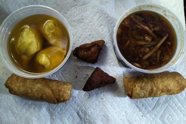 Hot and Sour soup, Wonton Soup, Egg Roll, Shrimp Roll, Shrimp Toast