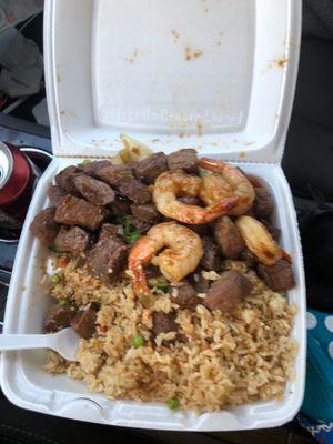 Steak, Shrimp and Rice.