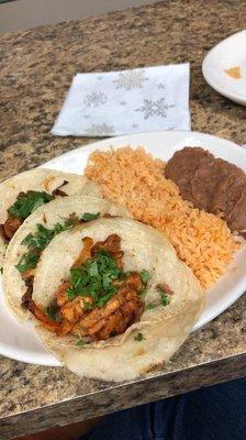 Three tacos combo with rice and beans