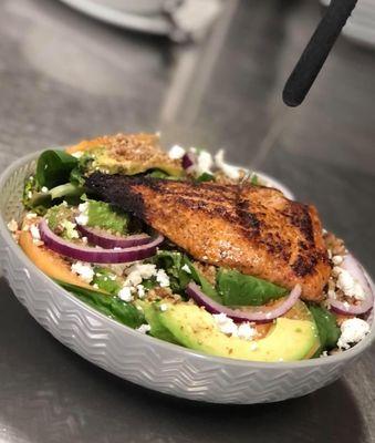 Melon + goat cheese salad with blackened salmon