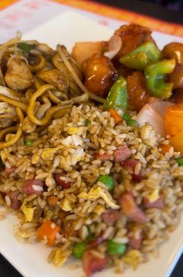 Chow mein, bbq pork fried rice, sweet and sour pork