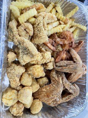 Wings Flounder Shrimp Scallops 4 Items Seafood Platter