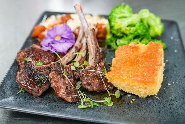 Baby Lamb Chops -Sweet Potatoes- Broccoli and Corn Bread