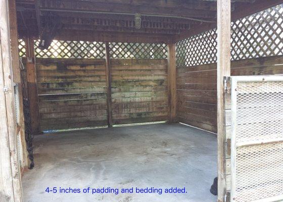 12 ft x 16 ft oversized stalls with fans, auto waterer / fly sprayer, mats, and shavings.