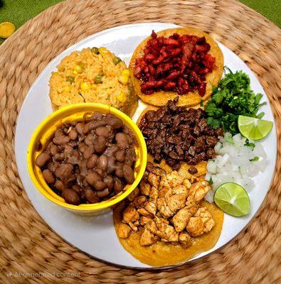 STREET TACOS BEEF, CHICKEN, PORK, BEANS AND RICE