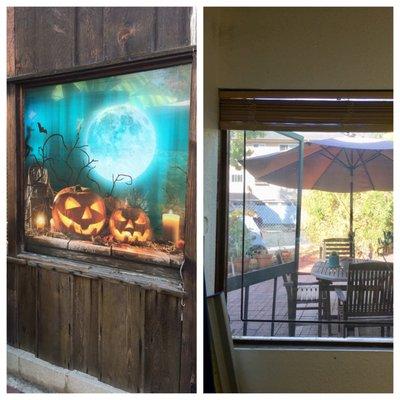 Seasonal signage on perforated vinyl (outside view versus inside)