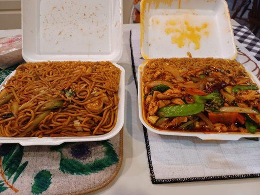 Shrimp lo mein dinner combination and hunan chicken dinner combination.