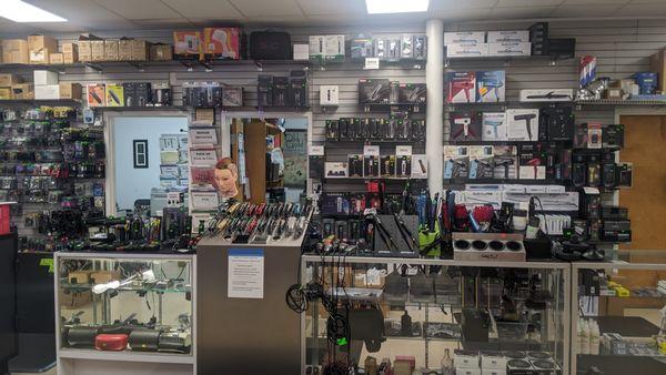 Clippers, trimmers, dryers, flat and curling irons, and more.