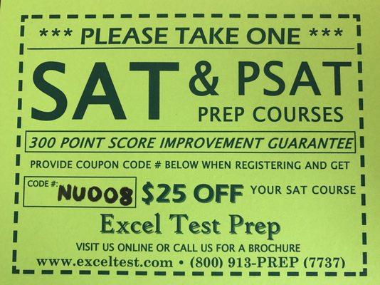 $25 off code: NU008 - No expiration date, good for all type of Excel Test Prep in class and online courses!