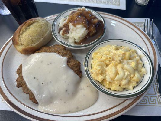 Chicken fried steak, mashed potatoes and mac n cheese