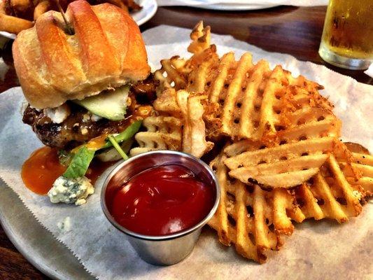 Buffalo Bleu Burger with Waffle Fries