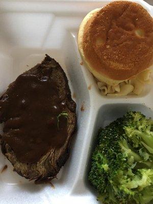 suppose to b pot roast. The broccoli was mushy. The egg noodles under bun was congealed to the bun. entire meal was so salty.