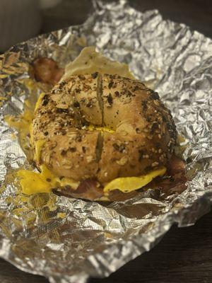 Bacon egg and cheese on an everything bagel