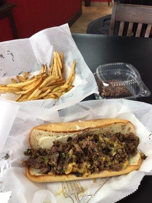 Philly Cheesesteak, fries, and pecan brownie!Delicious!!!!