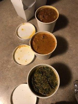 Saag paneer, chicken tikka masala and lamb vindaloo