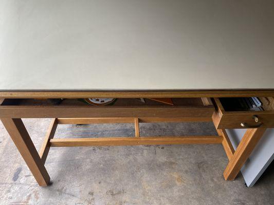 Vintage Drafting table, wood base with 2 drawers, adjustable top angle, dimensions 5' wide x 3' deep