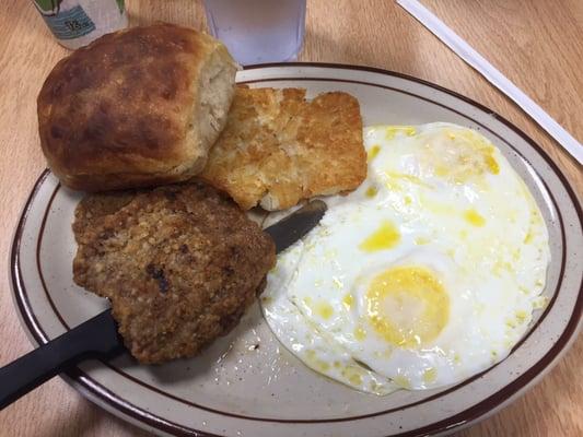 Fried Steak & Eggs, Hash Browns & Biscuits.