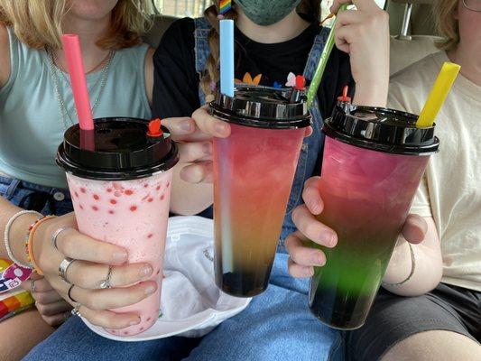 Strawberry smoothie, and two galaxy drinks.