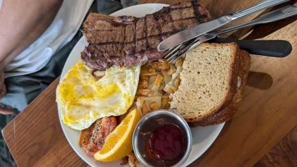 New York Strip Steak and Eggs (Requested over hard and picked whole wheat)