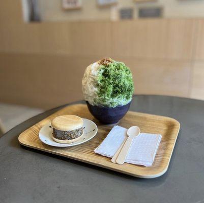 matcha oat kakigori + black sesame ice cream