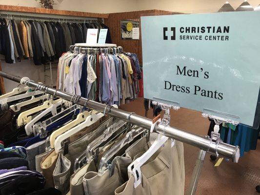 Men's clothing always needed! New or gently-used pants, jeans, plus new socks & underwear (must be new).