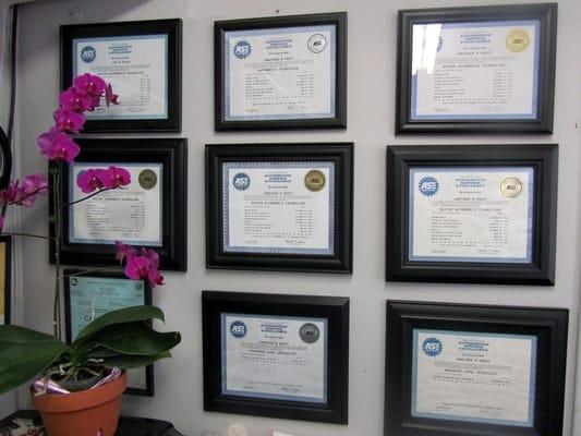 Our ASE certification wall of pride! Dave Frost is an ASE master Technician