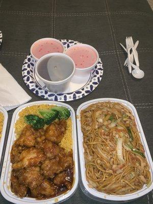 General Tso's Chicken Combo Plate Chicken Lo Mein Hot and Sour Soup