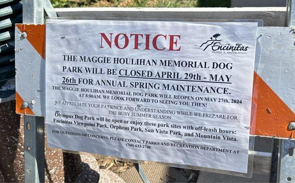 Encinitas Park Closure notice for Spring Maintenance!